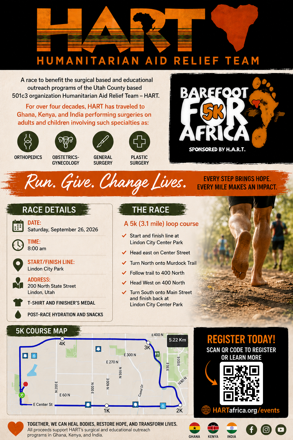 Official Barefoot for Africa 5K flyer with race details, course map, and registration QR code